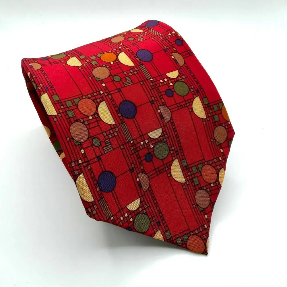 Vintage 90s Frank Lloyd Wright Red 100% Silk Confetti Coonley Playhouse Tie